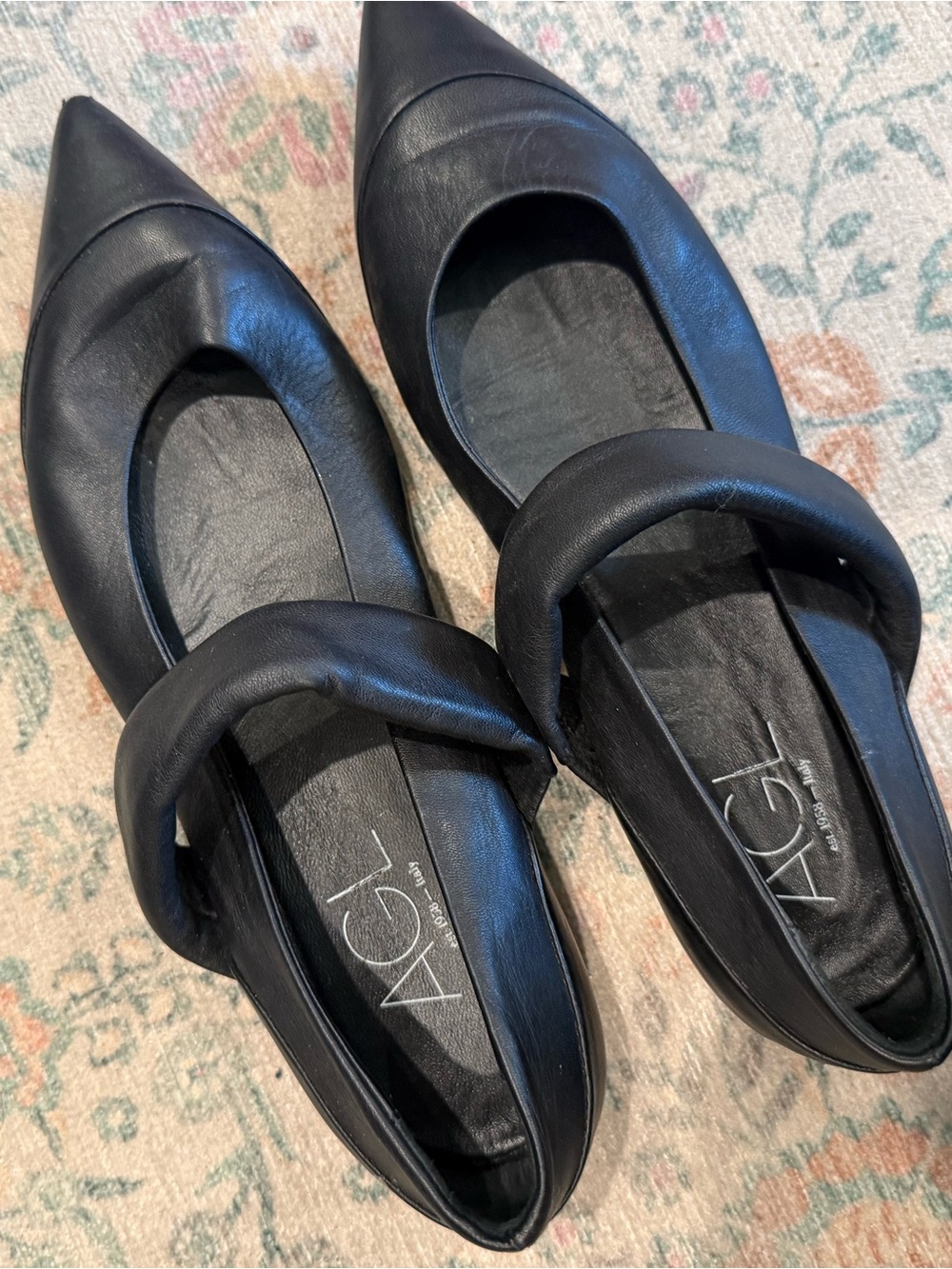 Agl Black Pointed Toe Leather Flats with Padded Strap